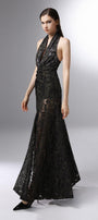 Cascade Halter Waist Pleated Embroidered Lace Ankle Length Dress - MEAN BLVD