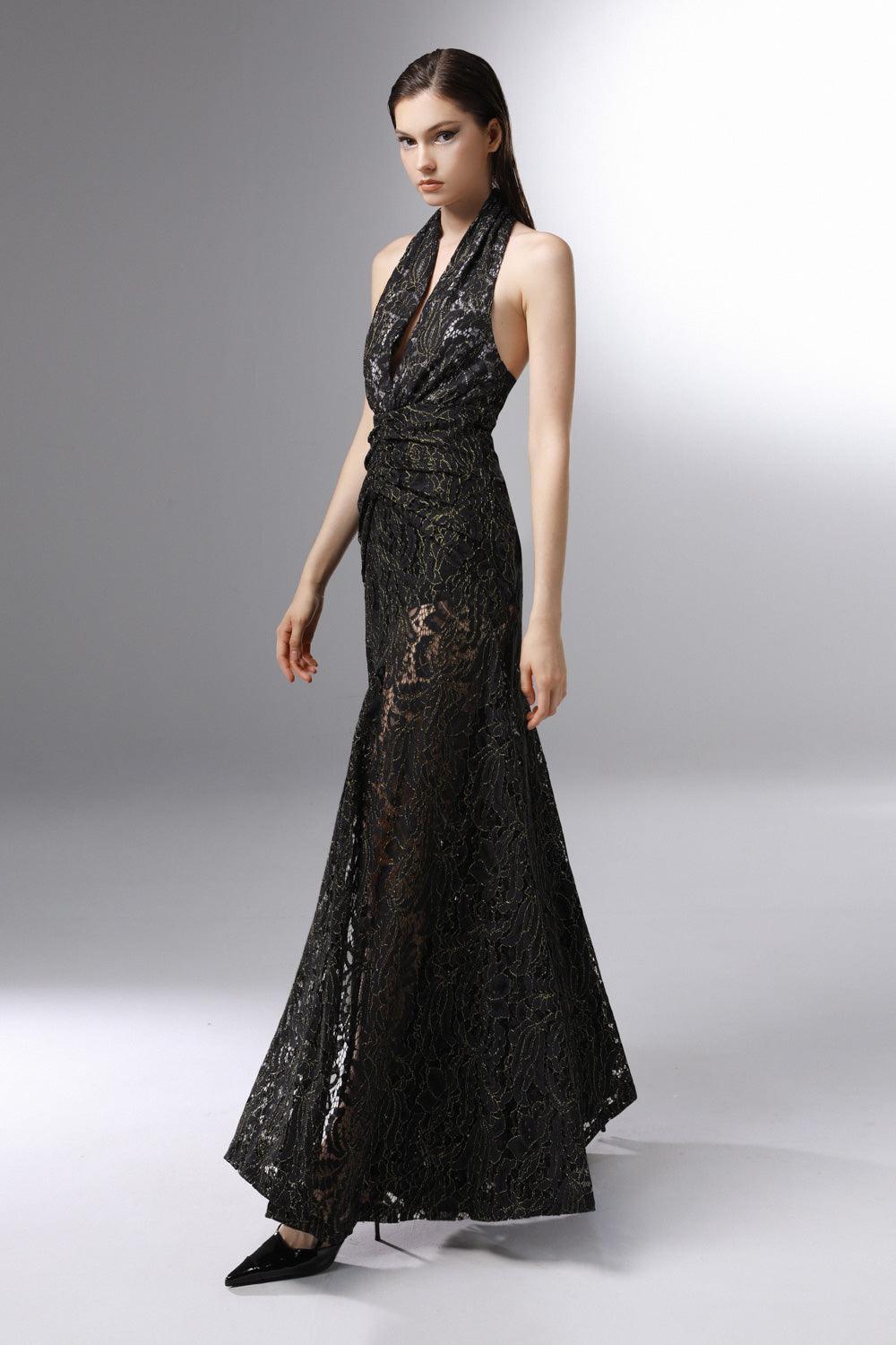 Cascade Halter Waist Pleated Embroidered Lace Ankle Length Dress - MEAN BLVD