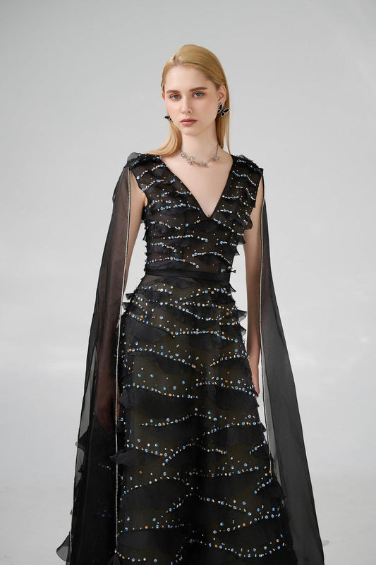 Cecelia Cape V-Neck Organza Floor Length Dress - MEAN BLVD