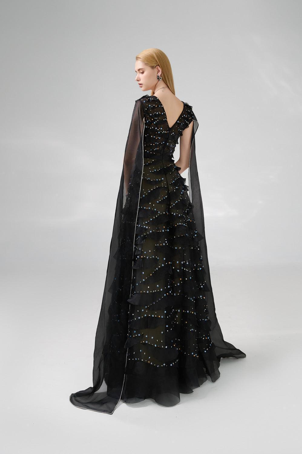 Cecelia Cape V-Neck Organza Floor Length Dress - MEAN BLVD