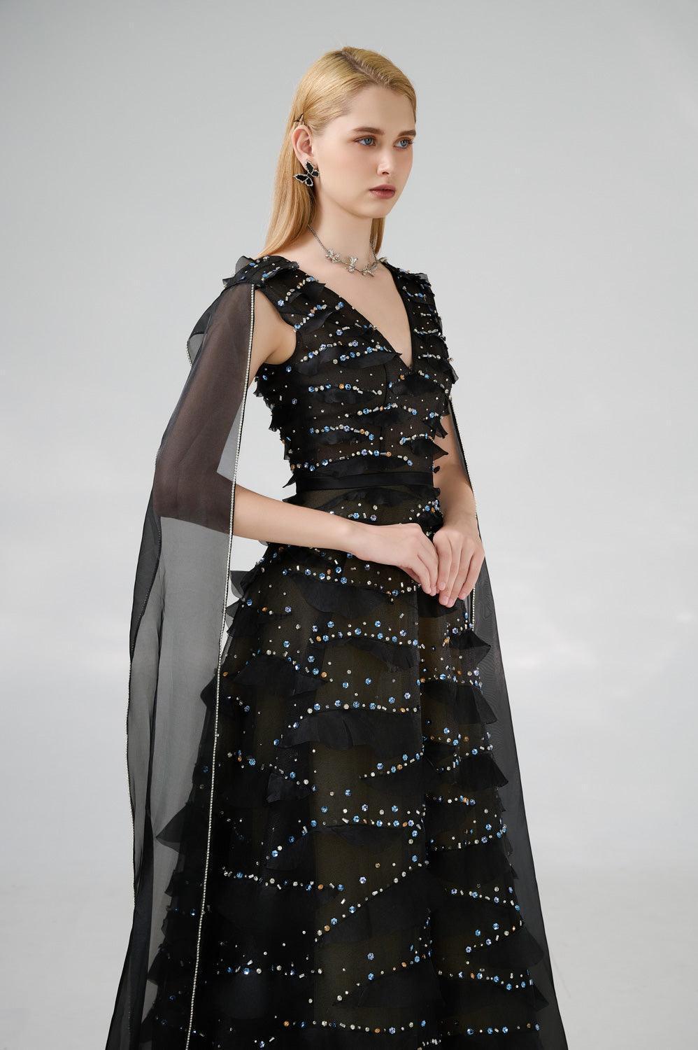 Cecelia Cape V-Neck Organza Floor Length Dress - MEAN BLVD