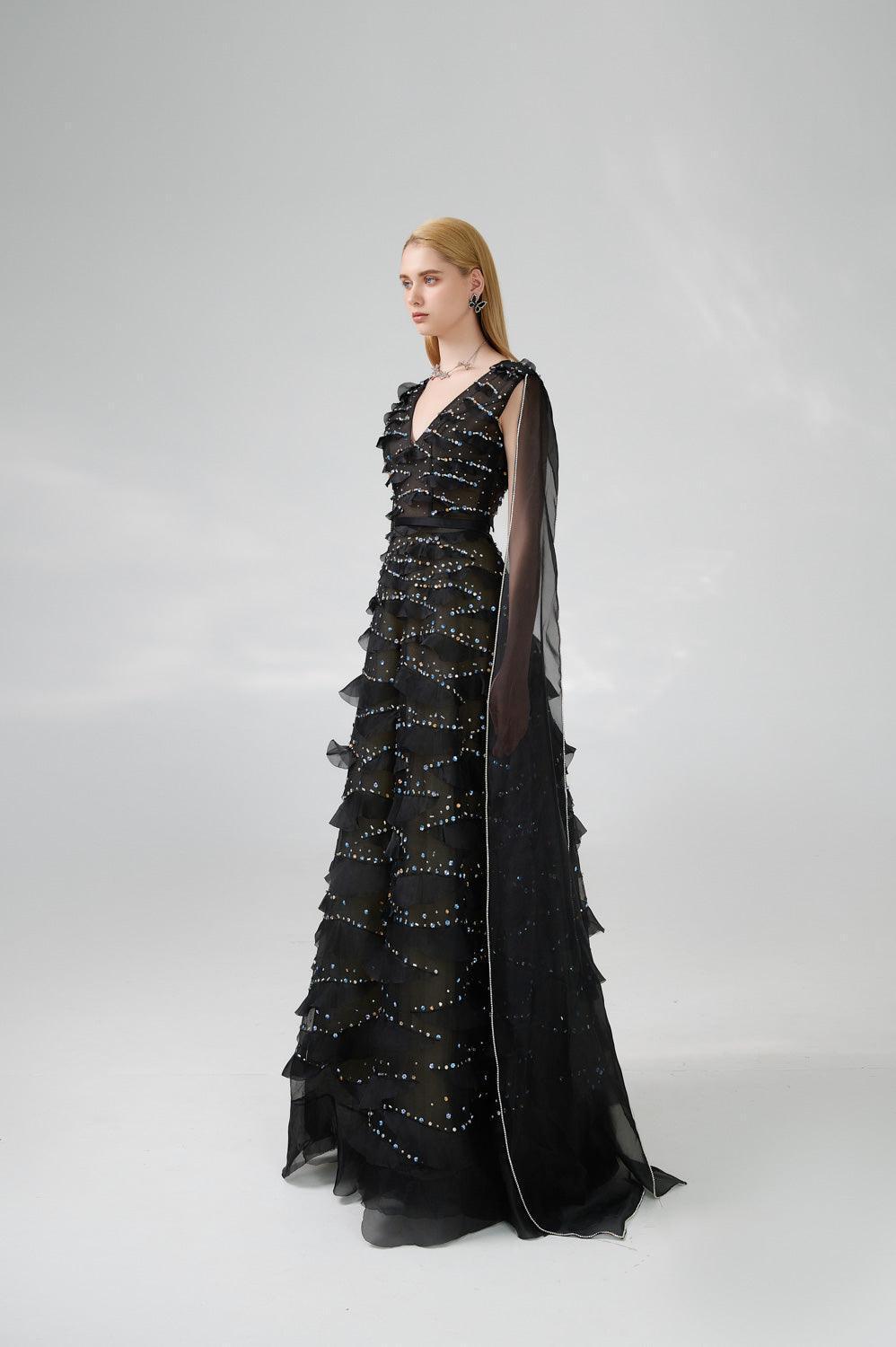 Cecelia Cape V-Neck Organza Floor Length Dress - MEAN BLVD