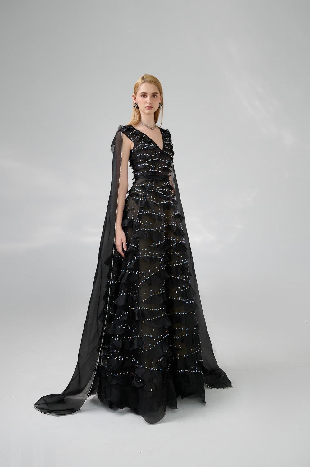 Cecelia Cape V-Neck Organza Floor Length Dress - MEAN BLVD