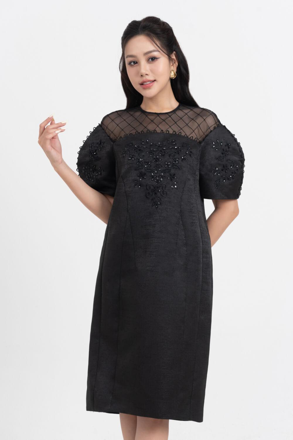 Celestia Cocoon Round Neck Taffeta Below The Knee Dress - MEAN BLVD