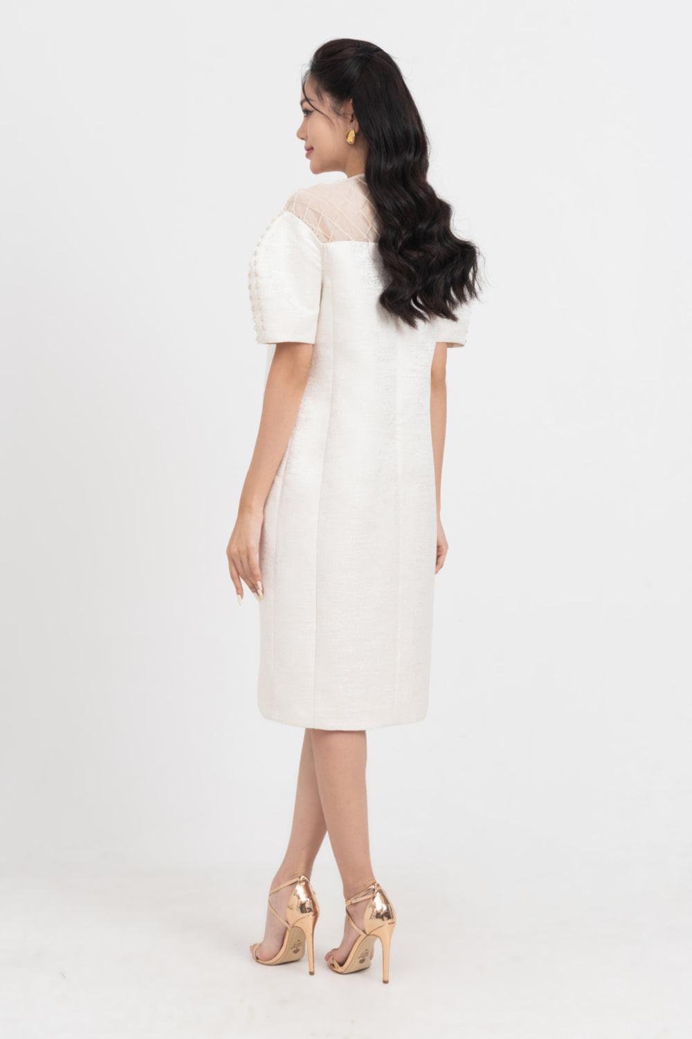 Celestia Cocoon Round Neck Taffeta Below The Knee Dress - MEAN BLVD