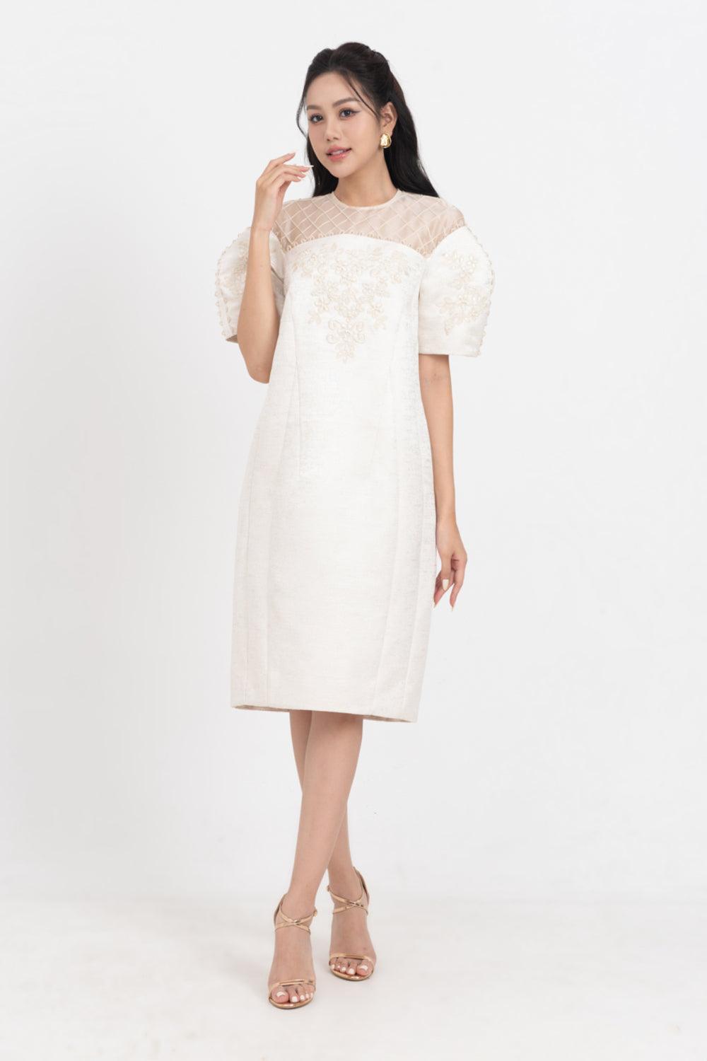 Celestia Cocoon Round Neck Taffeta Below The Knee Dress - MEAN BLVD