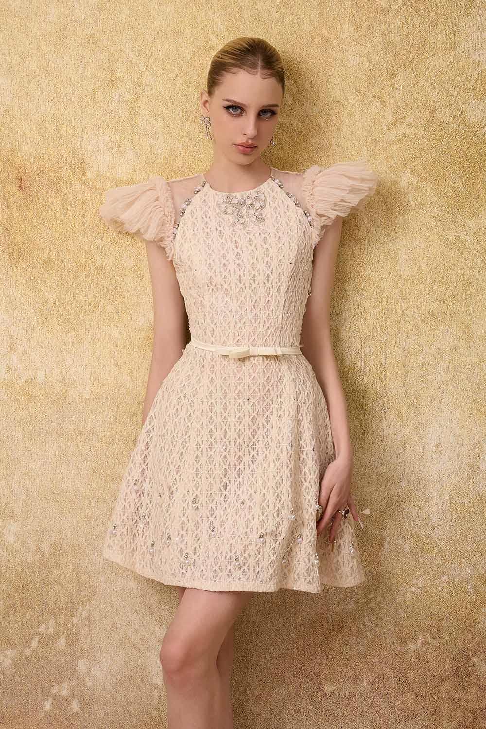 Women's Celia A-line Cap Sleeved Mesh Lace Mini Dress S/M/L/Customize Creamy Yellow MEAN BLVD Creamy Yellow / M Women's Celia A-line Cap Sleeved Mesh Lace Mini Dress S/M/L/Customize Creamy Yellow MEAN BLVD Creamy Yellow / M
