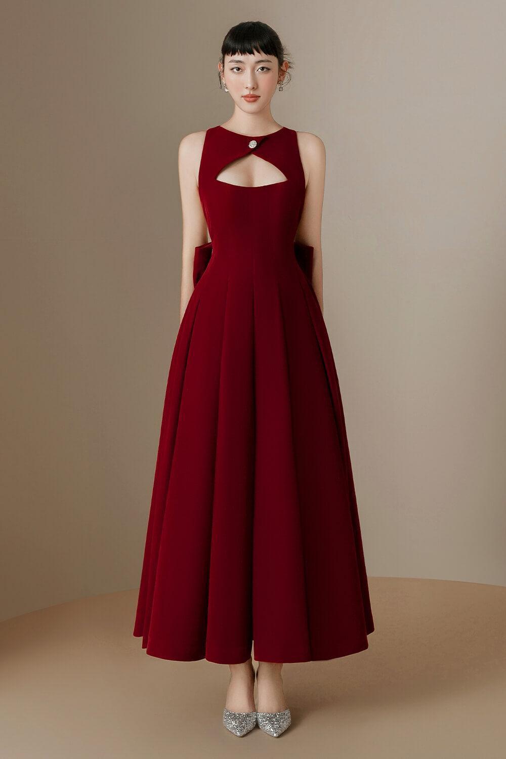 Women's Celine Fit and Flare Pleated Velvet Ankle Length Dress XS/S/M/L Red/Black MEAN BLVD Black / S Women's Celine Fit and Flare Pleated Velvet Ankle Length Dress XS/S/M/L Red/Black MEAN BLVD Black / S