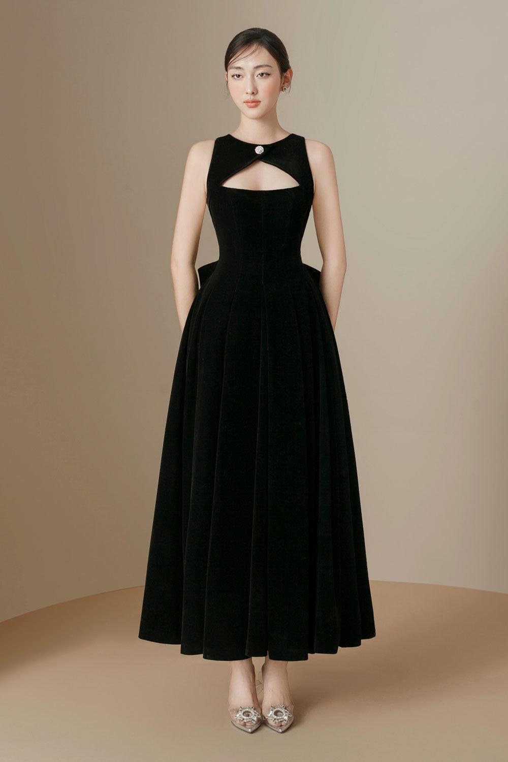 Women's Celine Fit and Flare Pleated Velvet Ankle Length Dress XS/S/M/L Red/Black MEAN BLVD Black / S Women's Celine Fit and Flare Pleated Velvet Ankle Length Dress XS/S/M/L Red/Black MEAN BLVD Black / S