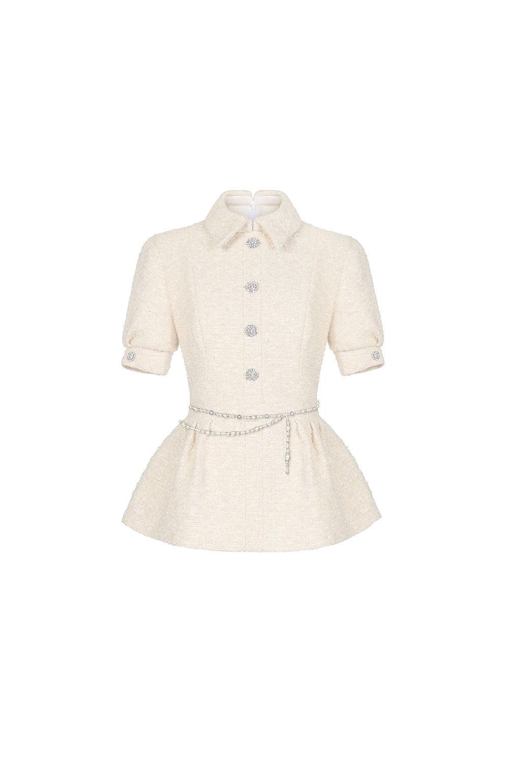 Cerise Peplum Short Sleeved Tweed Top - MEAN BLVD