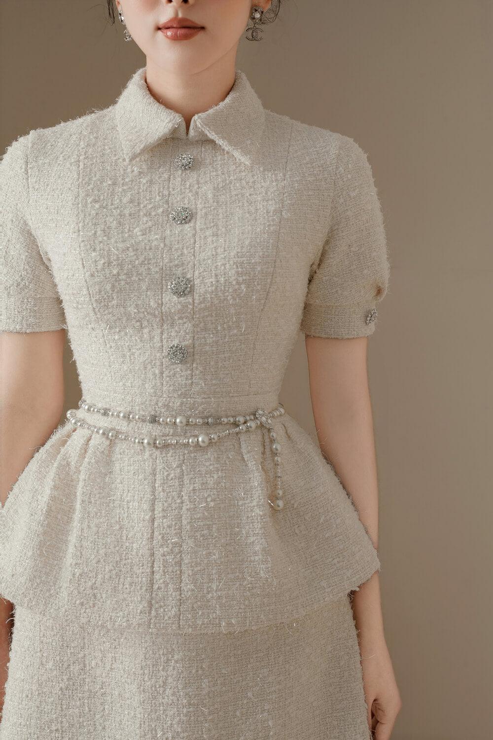 Cerise Peplum Short Sleeved Tweed Top - MEAN BLVD