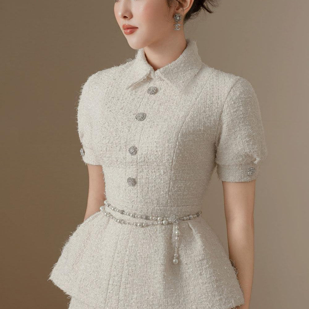 Cerise Peplum Short Sleeved Tweed Top - MEAN BLVD