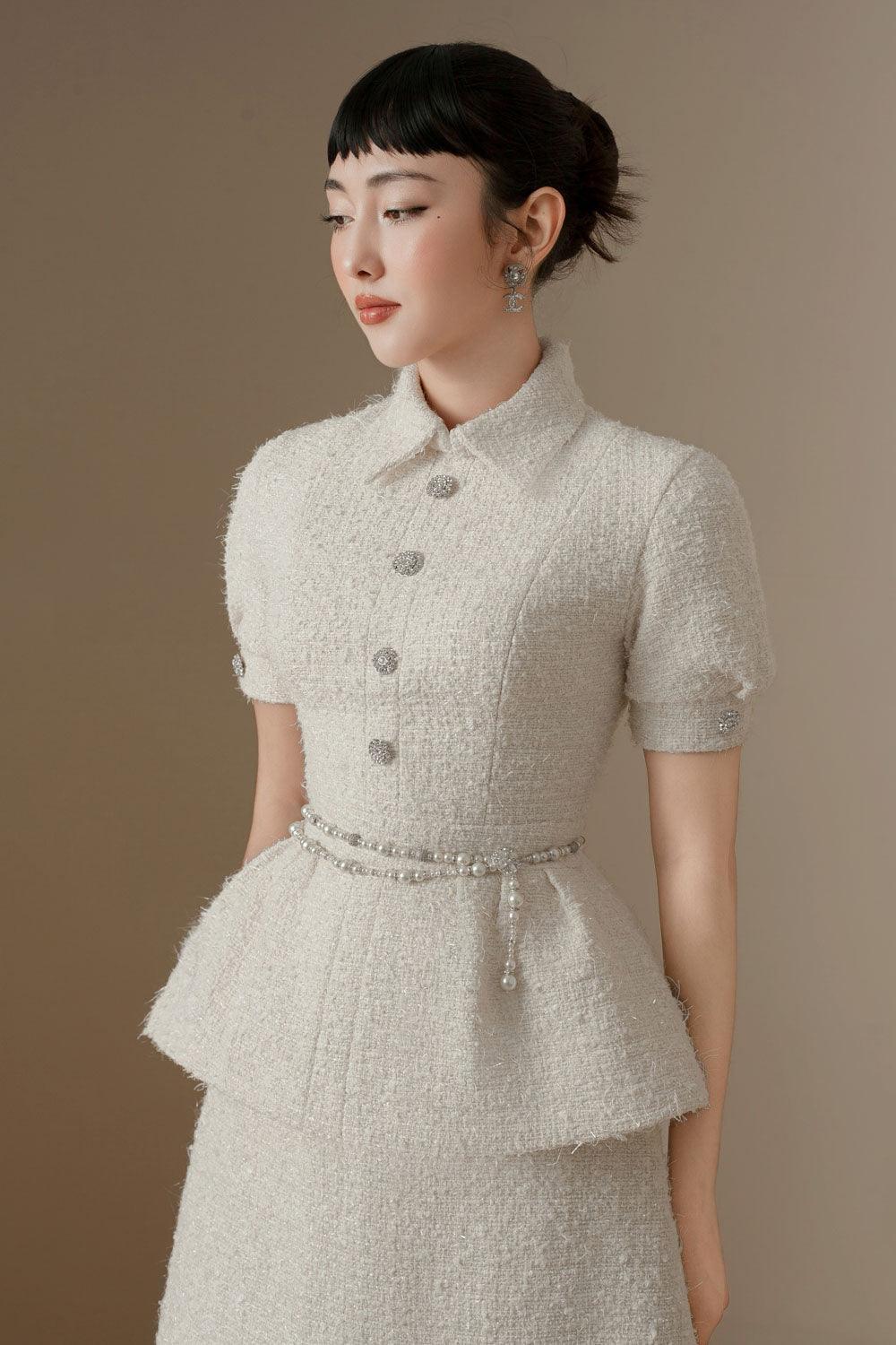 Cerise Peplum Short Sleeved Tweed Top - MEAN BLVD
