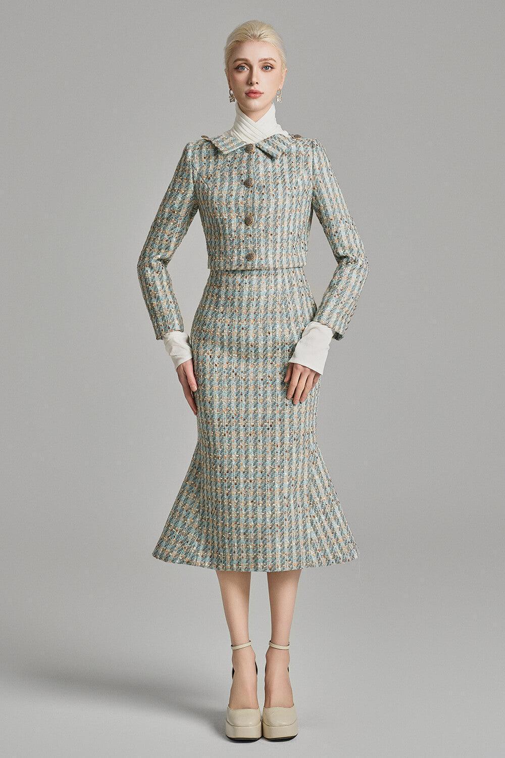 Chana Trumpet Back Zipper Tweed Midi Skirt - MEAN BLVD