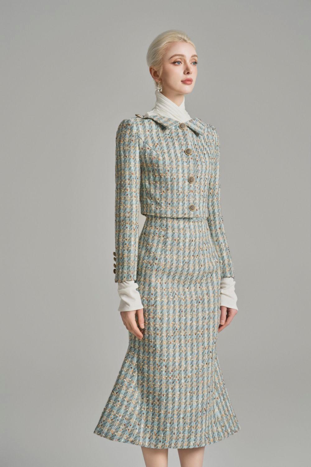 Chana Trumpet Back Zipper Tweed Midi Skirt - MEAN BLVD