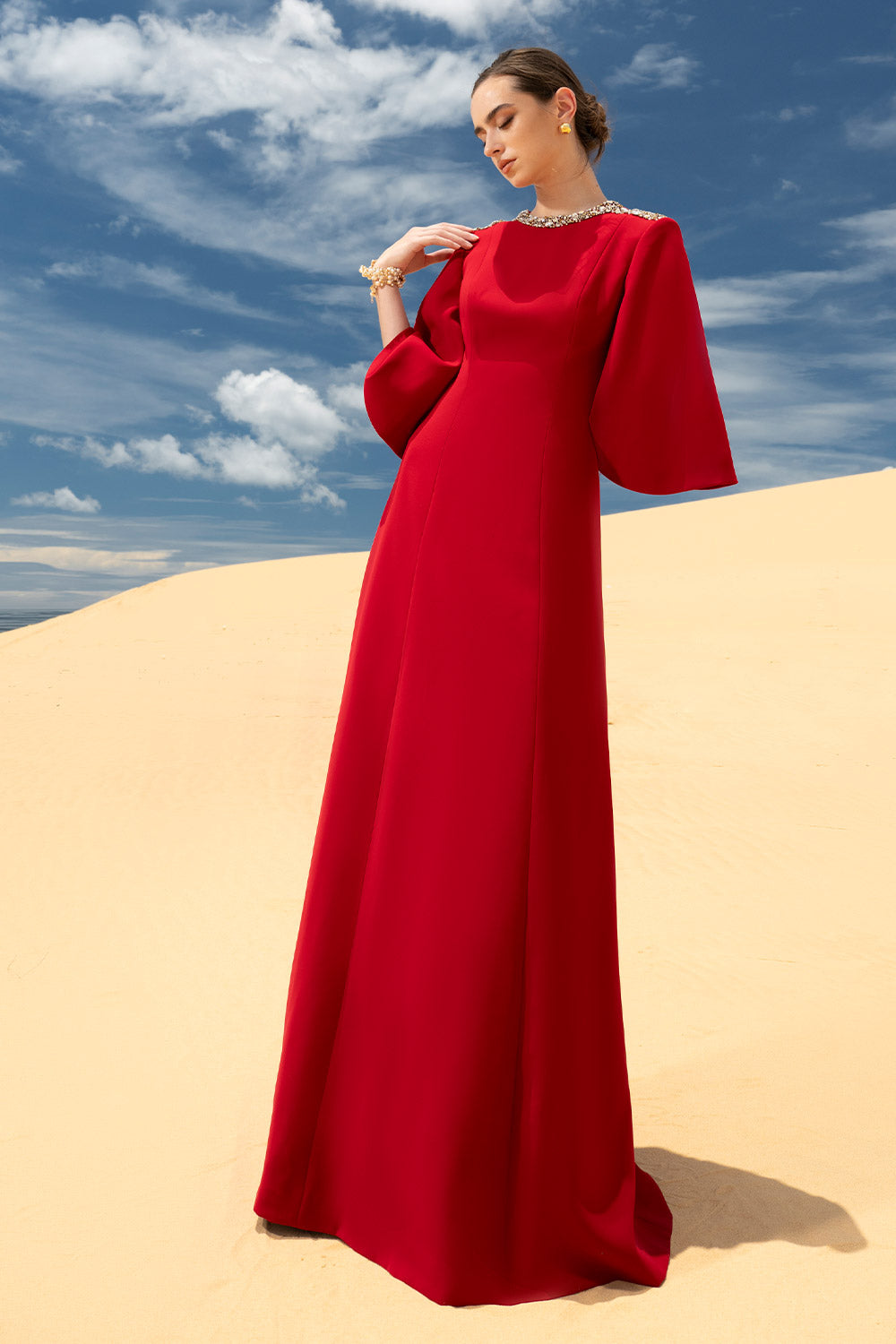 Savanna A-line Bead Velvet Satin Maxi Dress Red / XXL