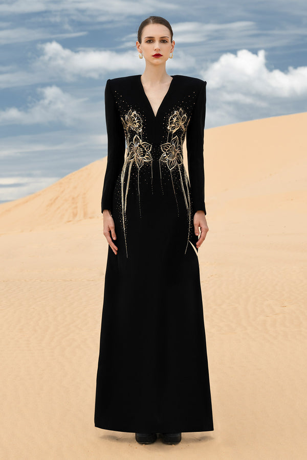 Carmela Sheath V-Neck Velvet Satin Maxi Dress