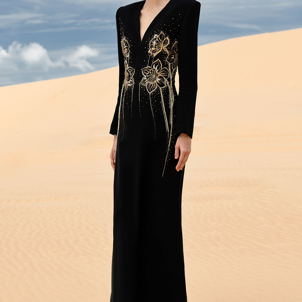 Carmela Sheath V-Neck Velvet Satin Maxi Dress