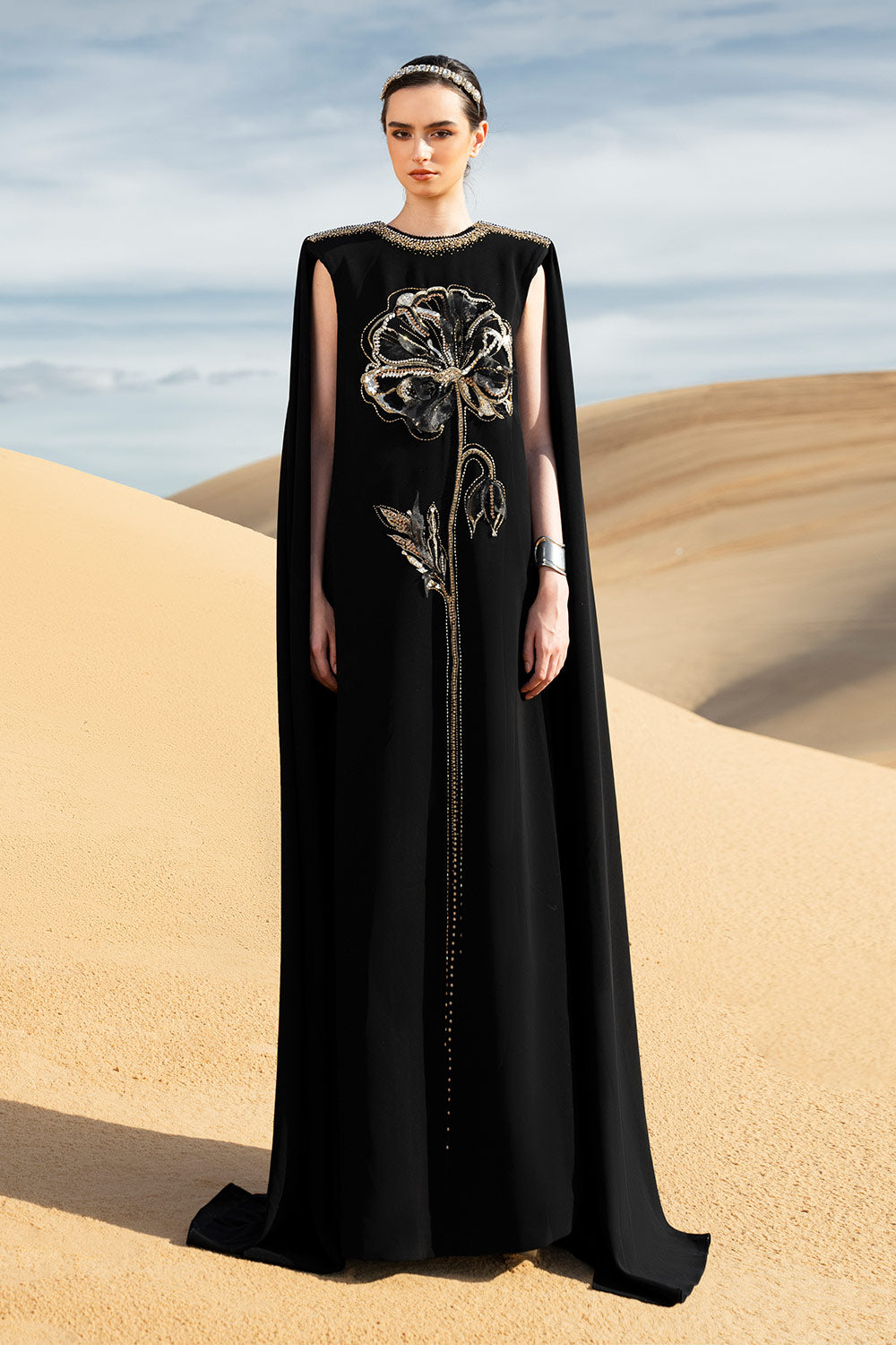 Stefania Cape Sleeveless Velvet Satin Maxi Dress Black / M
