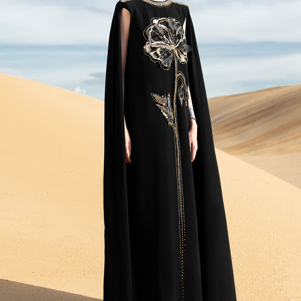 Stefania Cape Sleeveless Velvet Satin Maxi Dress