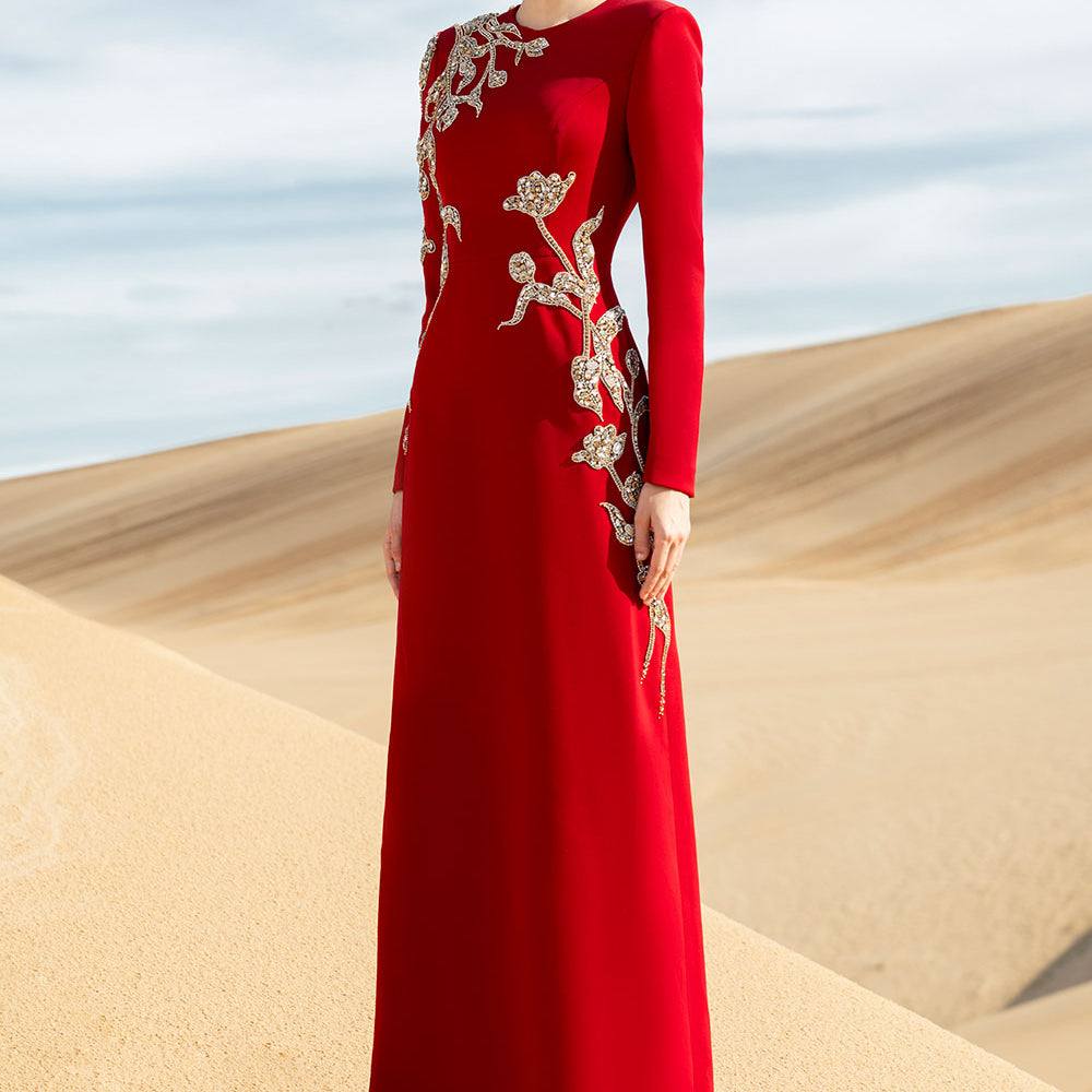 Matilde A-line Long Sleeved Velvet Satin Maxi Dress
