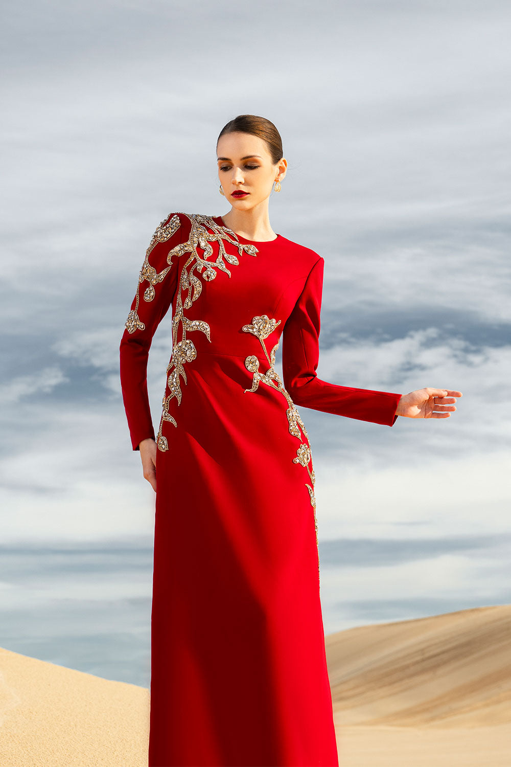 Matilde A-line Long Sleeved Velvet Satin Maxi Dress Red / XL