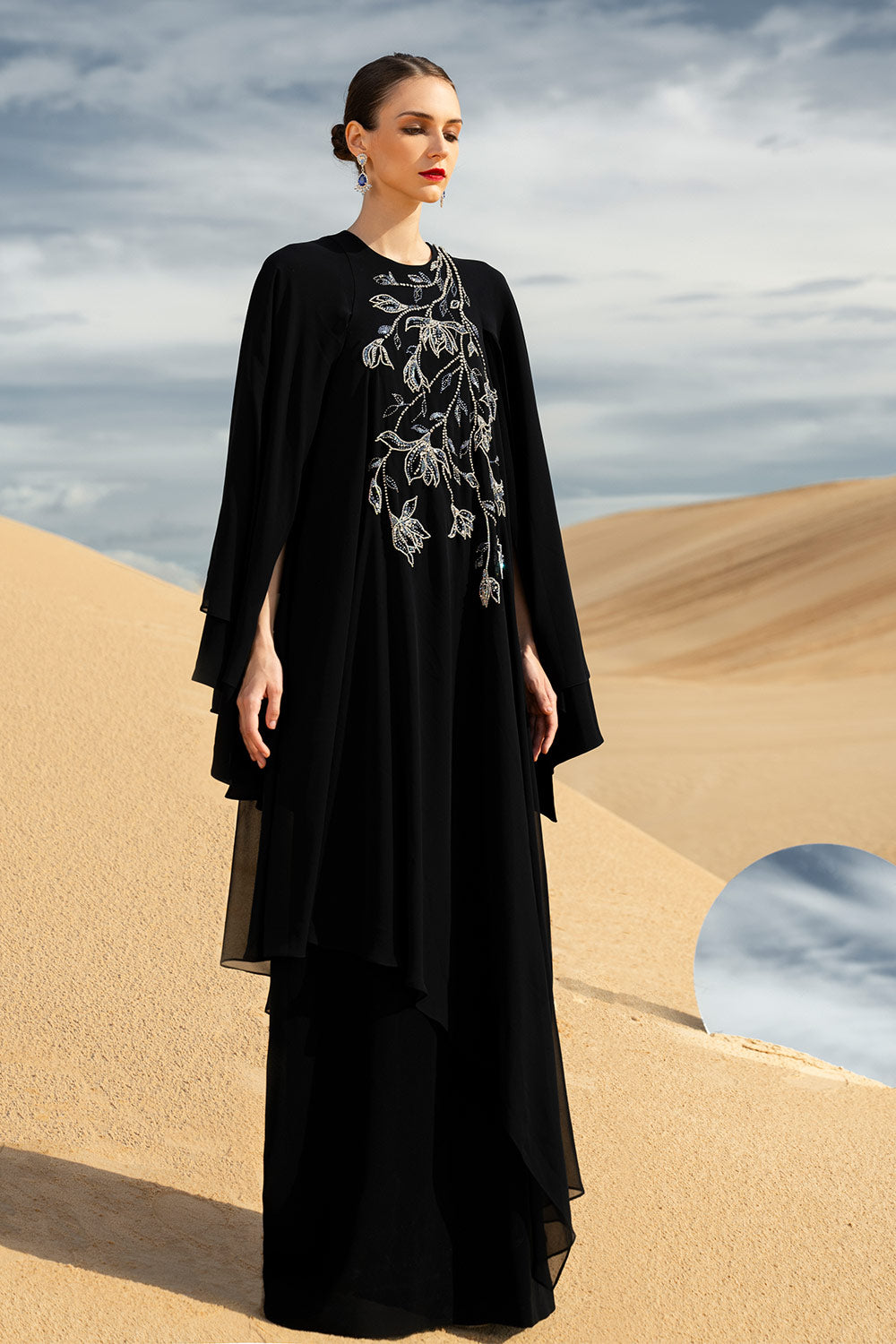 Malina Straight Cape Sleeved Chiffon Maxi Dress
