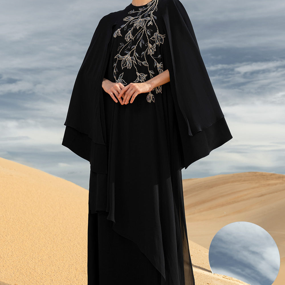 Malina Straight Cape Sleeved Chiffon Maxi Dress
