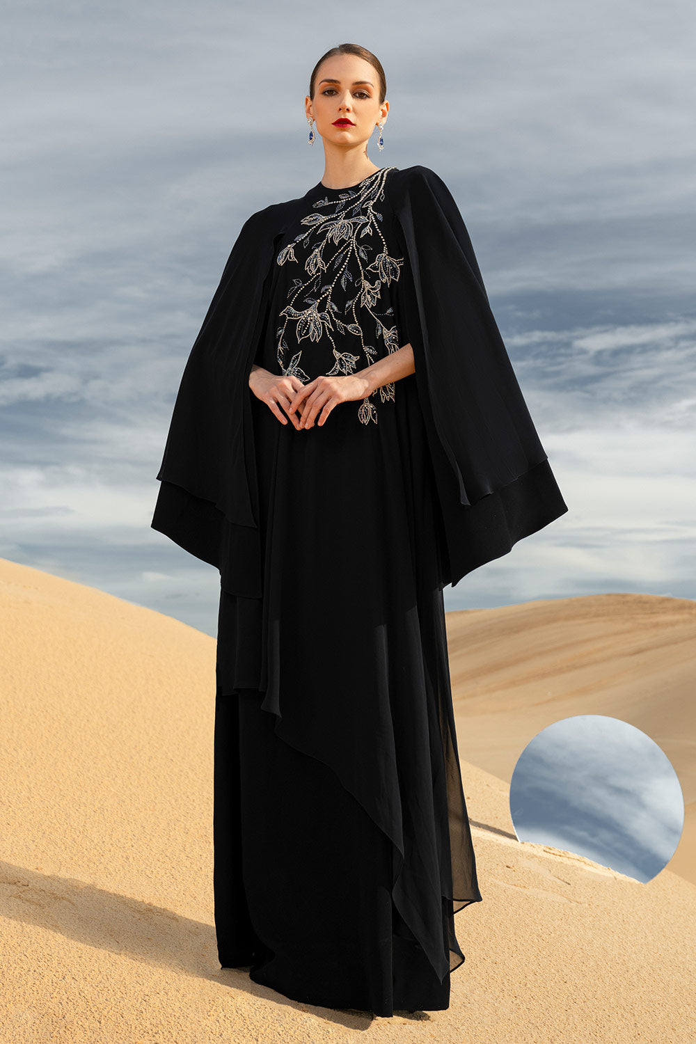 malina maxi dress Women's Malina Straight Cape Sleeved Chiffon Maxi Dress XXS/XS/S/M/L/XL/XXL/3XL/4XL/5XL/Customize/Black/MEAN BLVD Black / L
