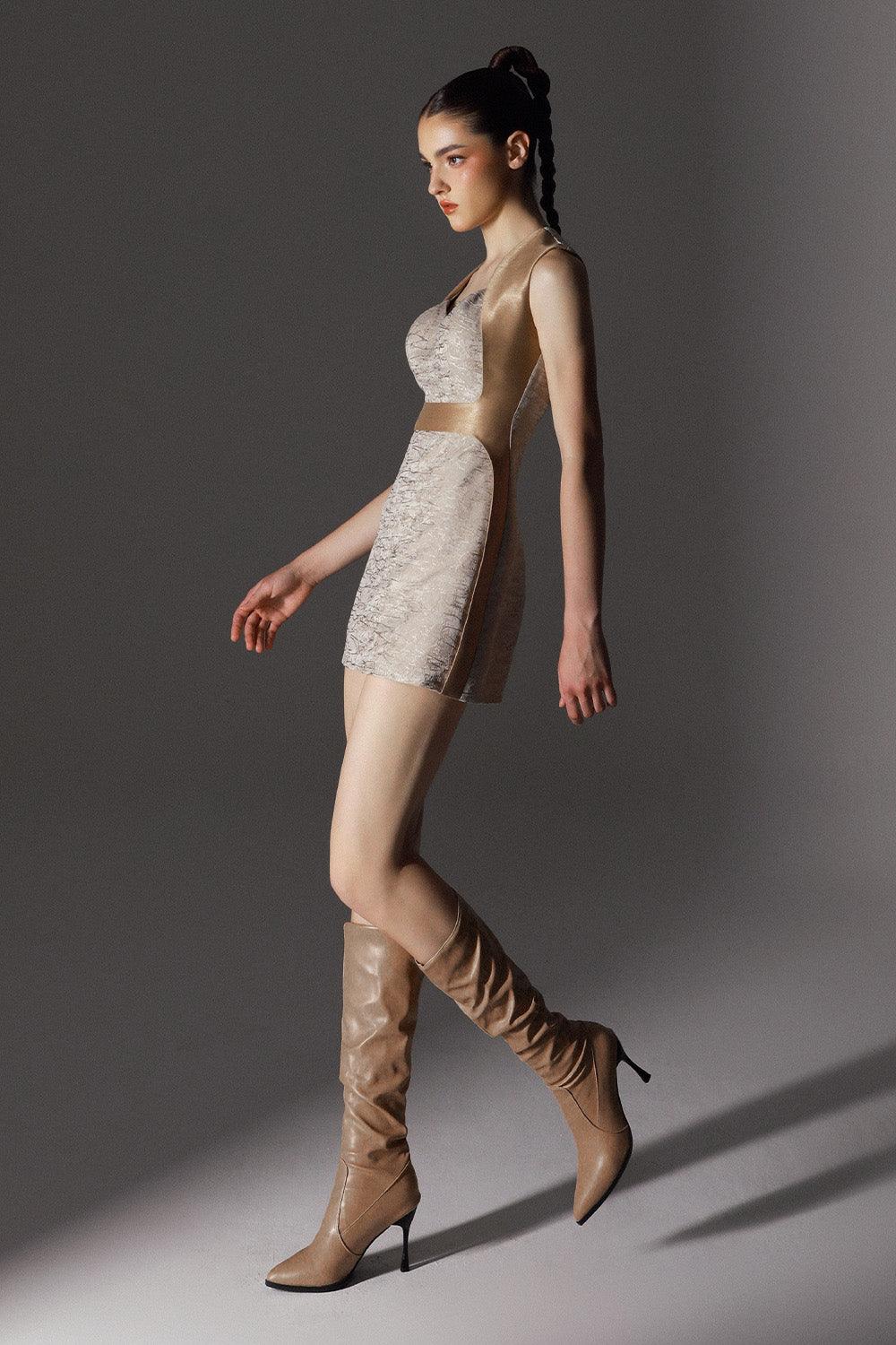 Women's Charade Hourglass Queen Anne Neck Brocade Mini Dress 0/1/2/Customize Champagne MEAN BLVD Champagne / Customize