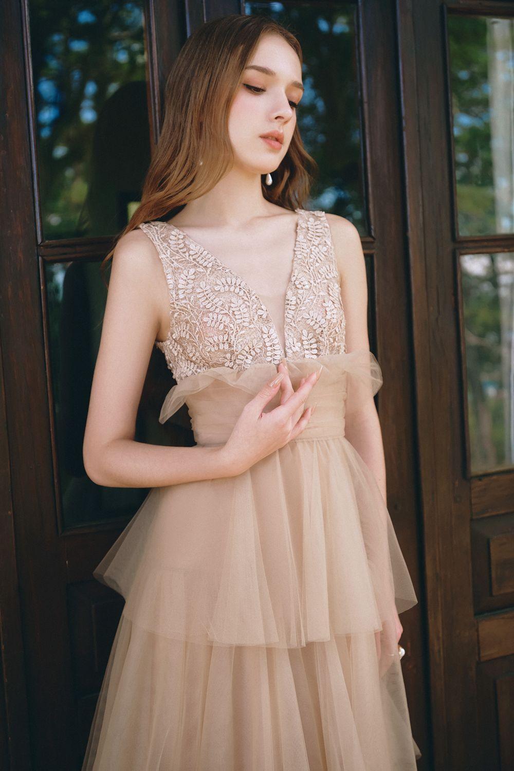 Women's Charles Layered V-Neck Tulle Floor Length Dress S/M/L Brown MEAN BLVD Brown / S Women's Charles Layered V-Neck Tulle Floor Length Dress S/M/L Brown MEAN BLVD Brown / S