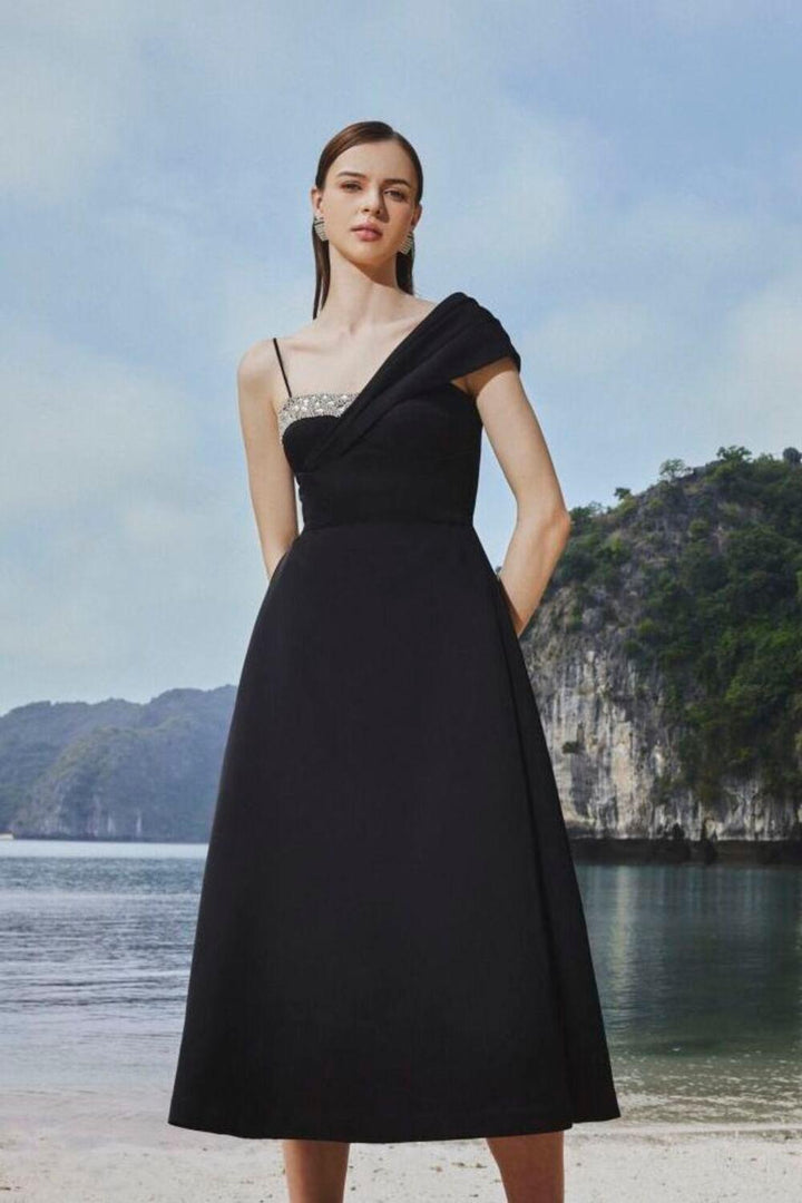 Charlotte A-line Asymmetric Taffeta Midi Dress - MEAN BLVD