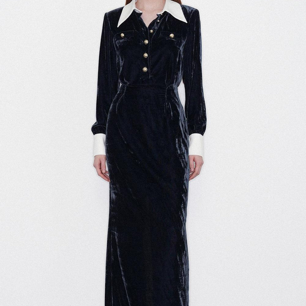 Charlotte Sheath Collared Neck Velvet Maxi Dress - MEAN BLVD