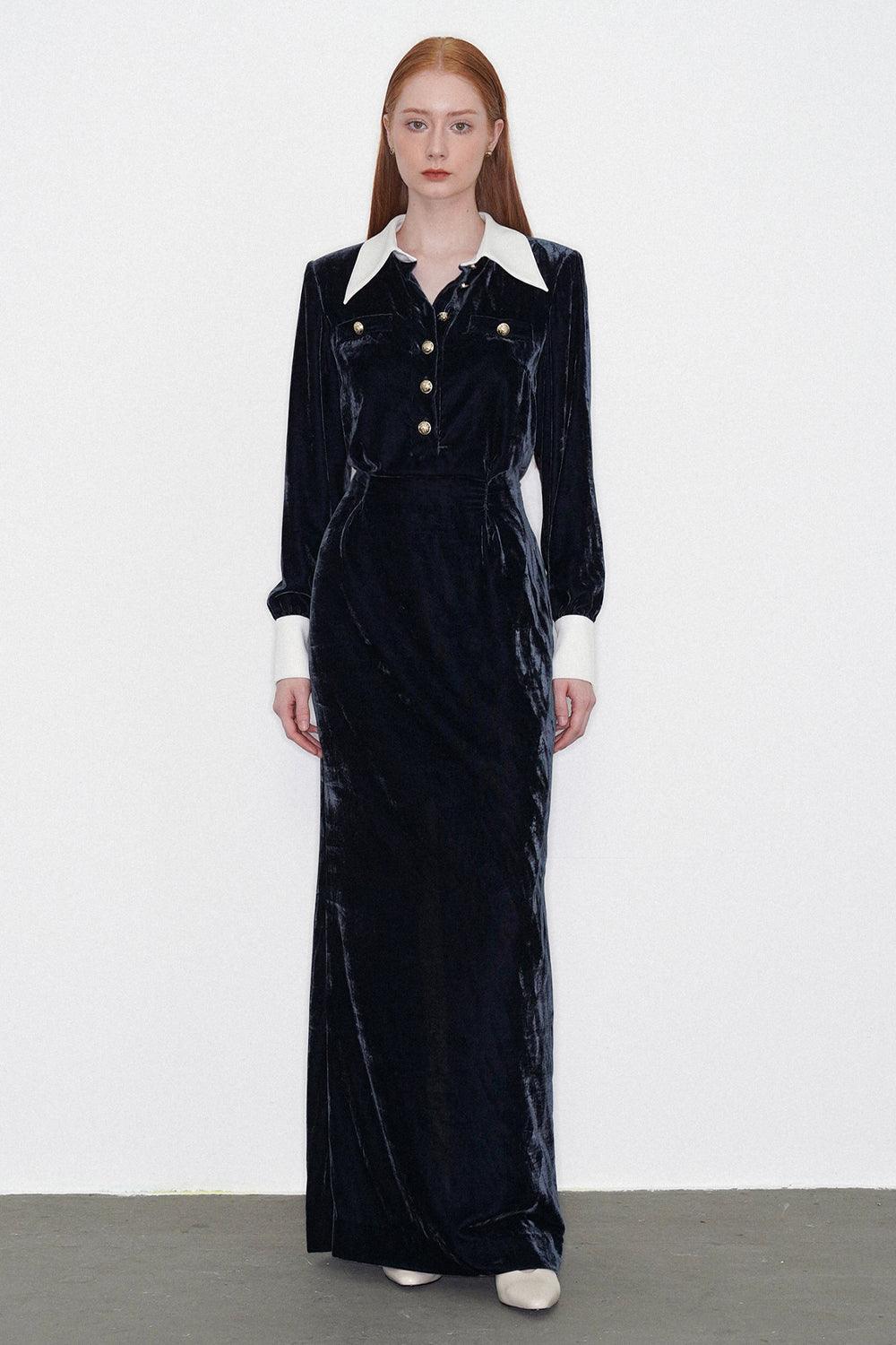 Charlotte Sheath Collared Neck Velvet Maxi Dress M / White&Blue