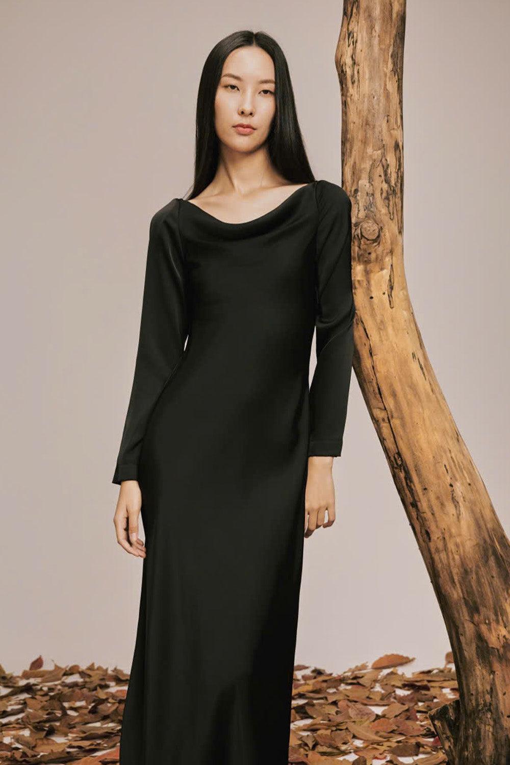Charm Sheath Cowl Neck Poly Silk Floor Length Dress - MEAN BLVD