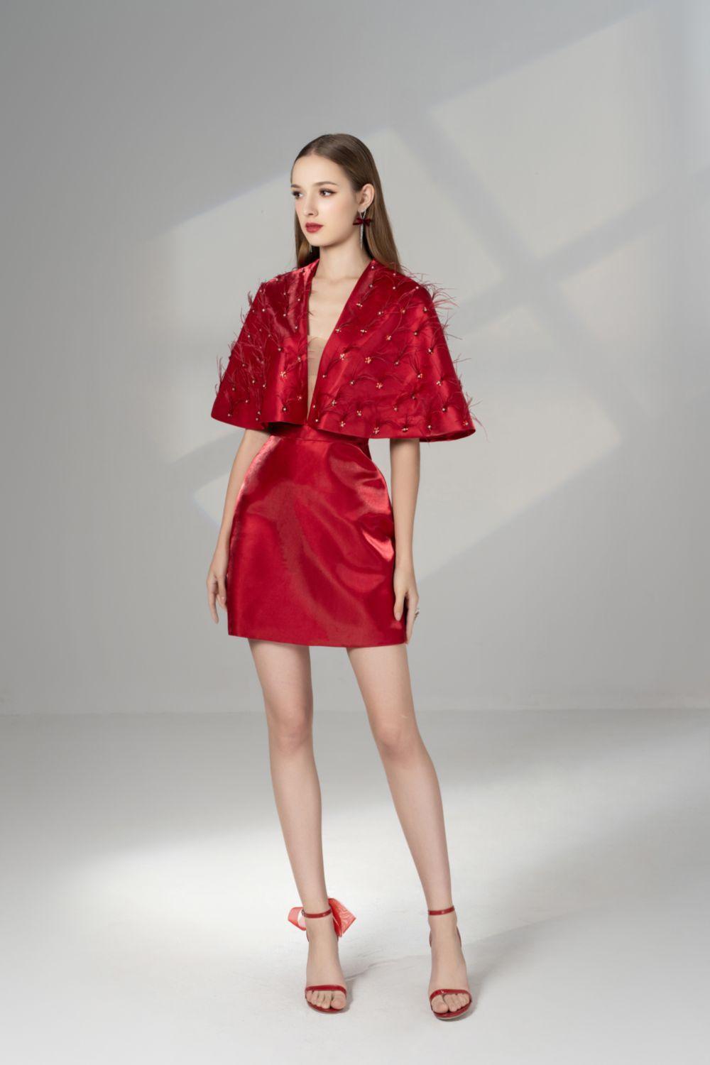 Women's Cherie A-line V-Neck Taffeta Mini Dress XS/S/M/L/XL Red MEAN BLVD Red / M