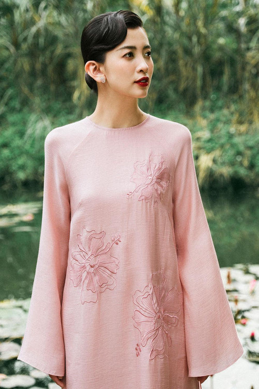 Chi Straight Round Neck Floss Silk Calf Length Ao Dai - MEAN BLVD