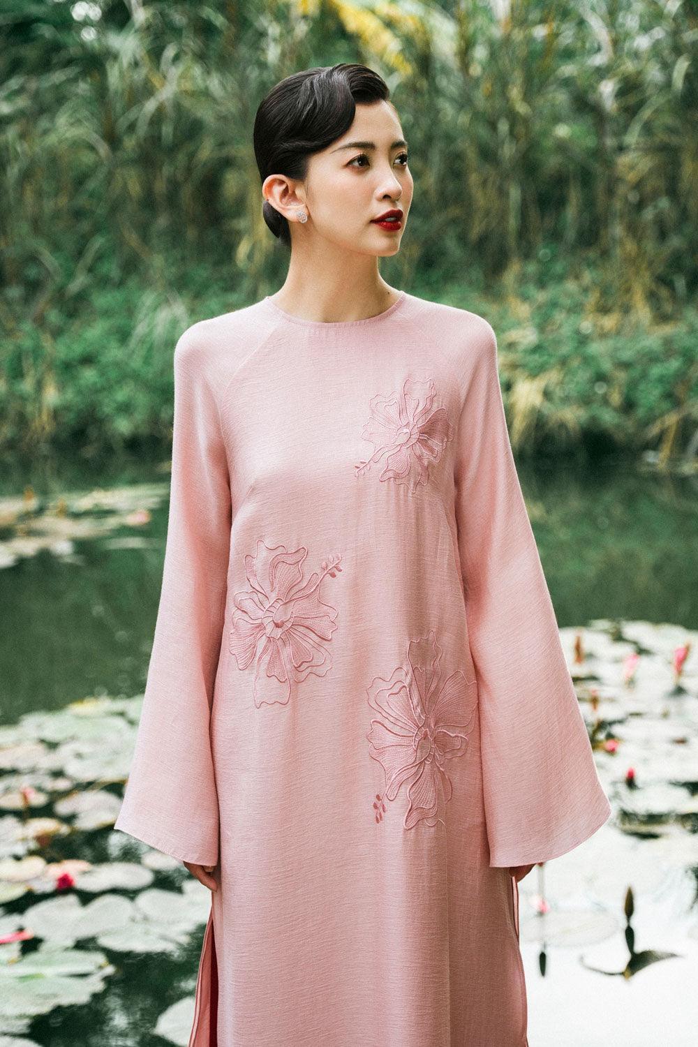 Chi Straight Round Neck Floss Silk Calf Length Ao Dai - MEAN BLVD