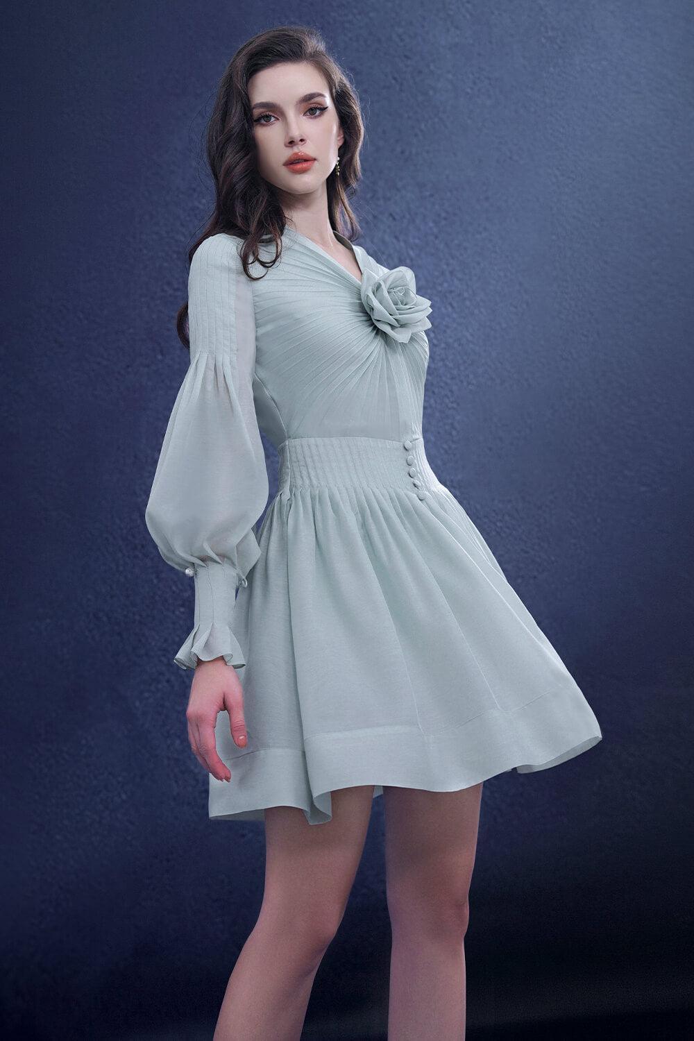 a line pleated dress Women's Chicara A-line Pleated Silk Mini Dress S/M/L Mint MEAN BLVD