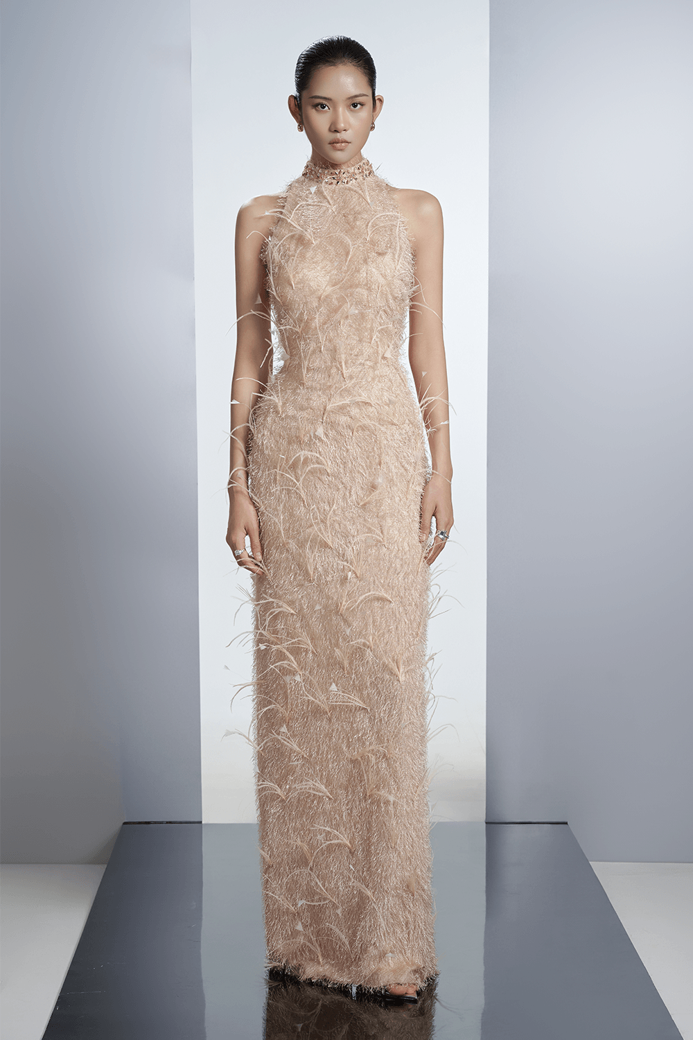 Women's Emersyn Sheath Feather Polyester Floor Length Dress XXS/XS/S/M/L/XL/XXL/3XL/Customize Beige Mean Blvd Beige / XXL