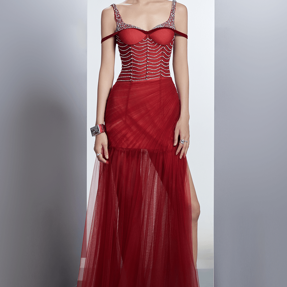 Aureate Drop Waist Semi-Heart Neck Polyester Floor Length Dress