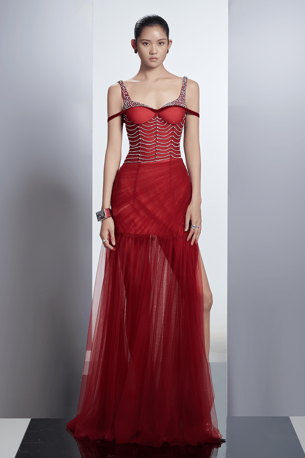 Women's Aureate Drop Waist Semi-Heart Neck Polyester Floor Length Dress XXS/XS/S/M/L/XL/XXL/3XL/Customize Red MEAN BLVD Red / XL