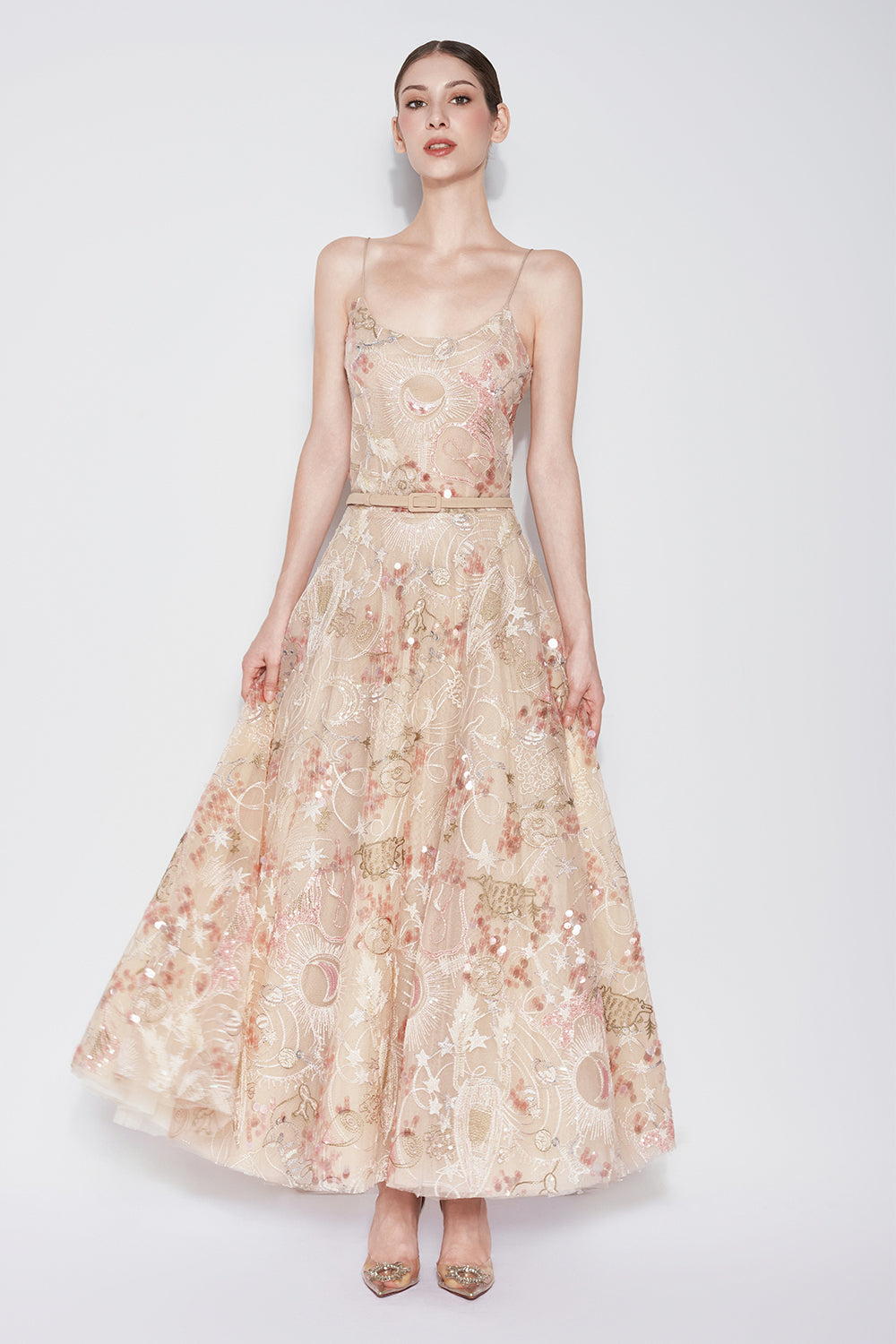 Tidal Whisper A-line Spaghetti Strap Embroidered Lace Maxi Dress