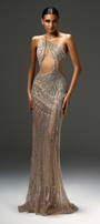 Grady Sheath Diagonal Neck Mesh Sequin Floor Length Dress