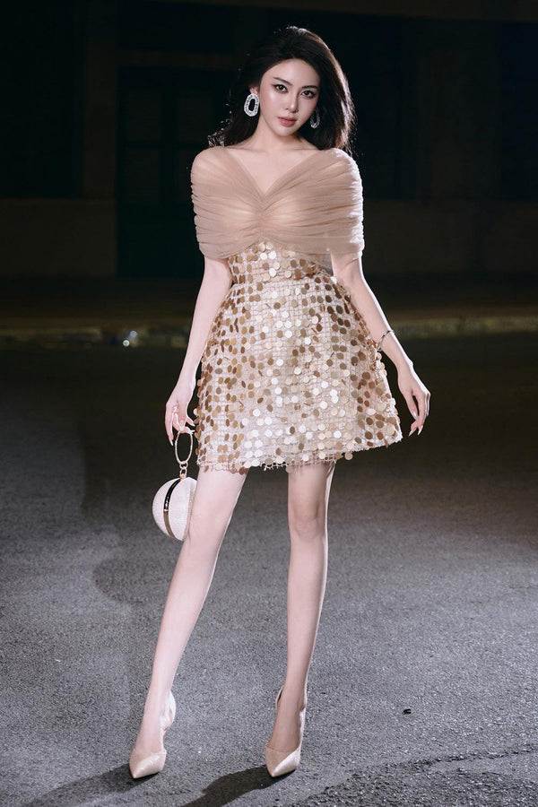 Chloe A-line Gathered Mesh Sequin Mini Dress - MEAN BLVD