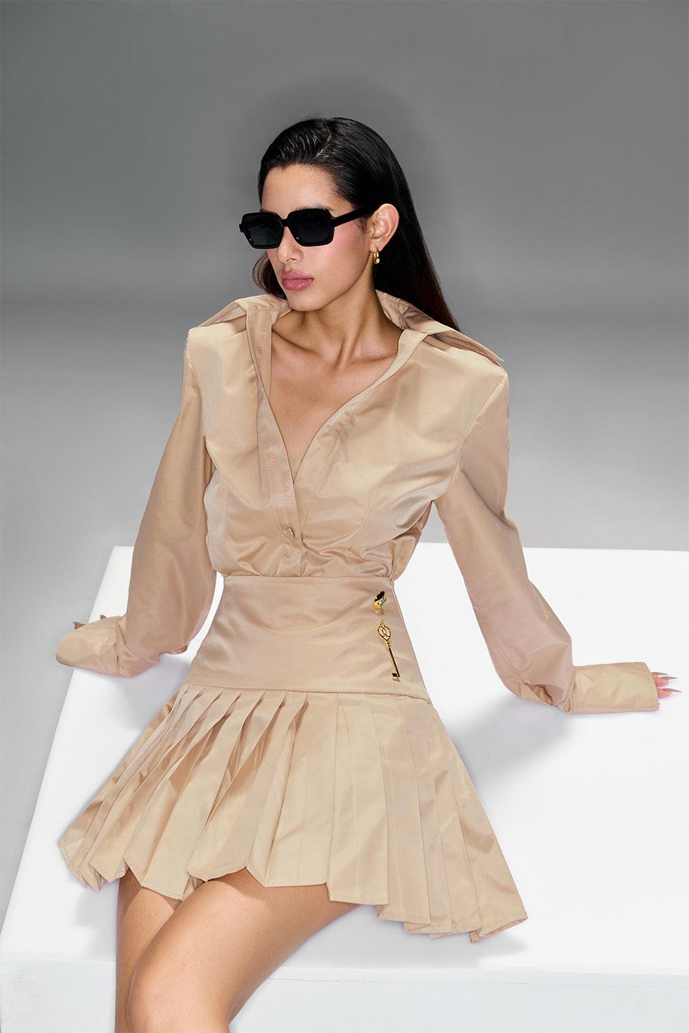 Women's Chloe Drop Waist Pleated Taffeta Mini Dress S/M/L/XL/Customize Beige MEAN BLVD Beige / M Women's Chloe Drop Waist Pleated Taffeta Mini Dress S/M/L/XL/Customize Beige MEAN BLVD Beige / M