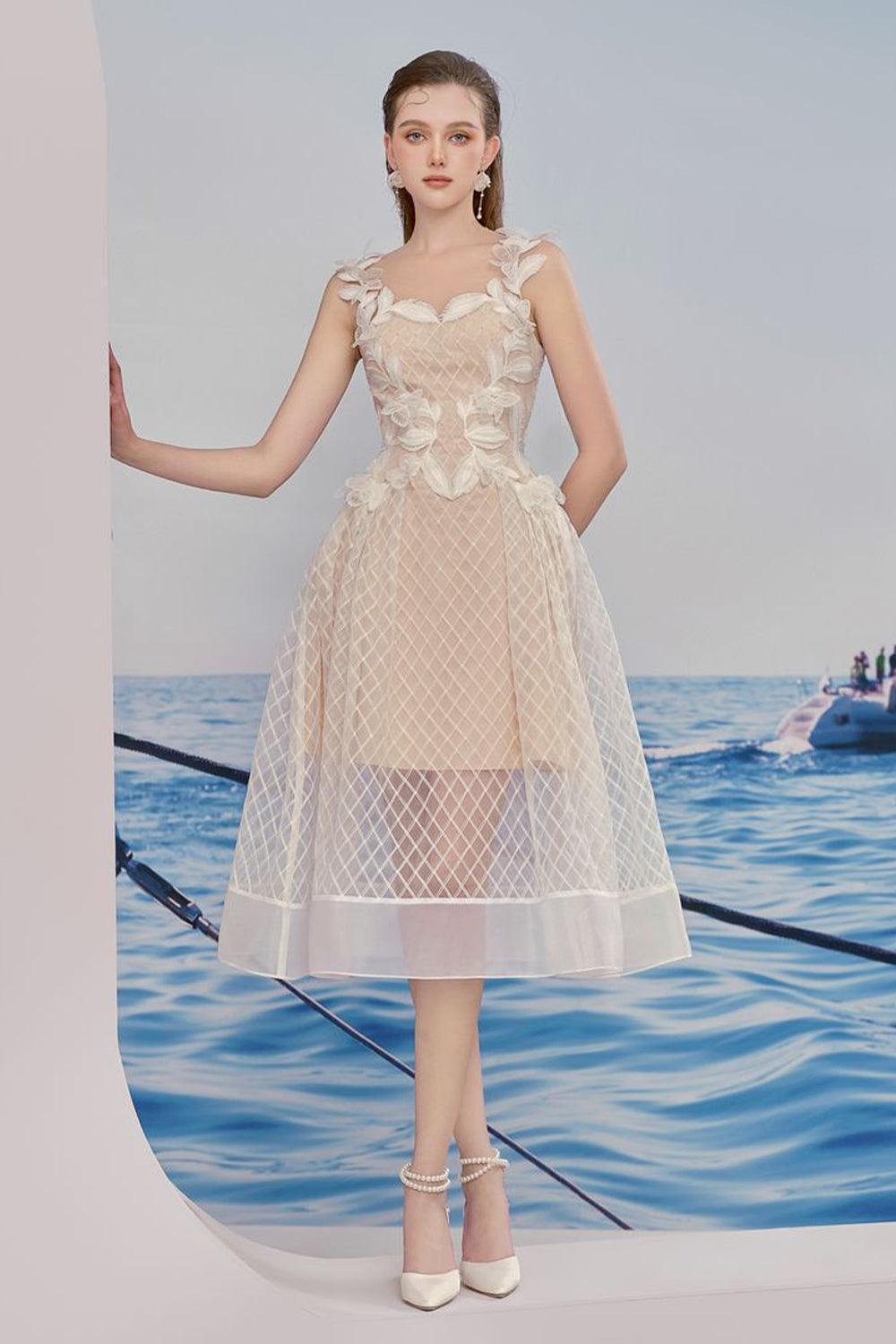 Chloe Fit and Flare Flower Applique Lace Midi Dress - MEAN BLVD