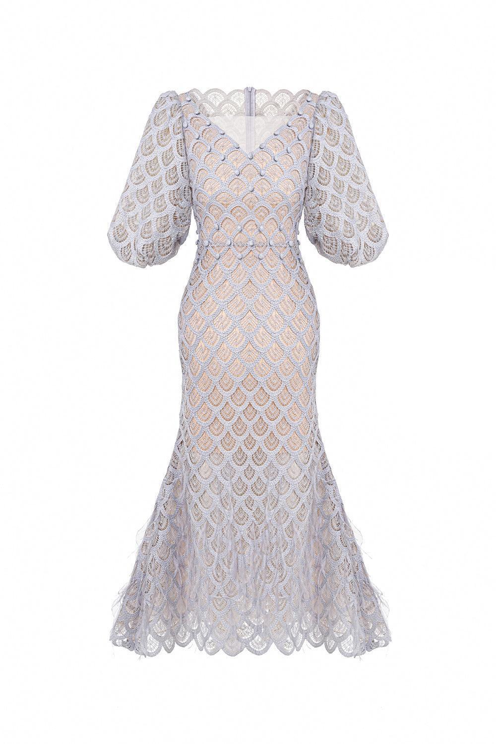 Ciara Trumpet Leg Of Mutton Sleeved Lace Midi Dress - MEAN BLVD