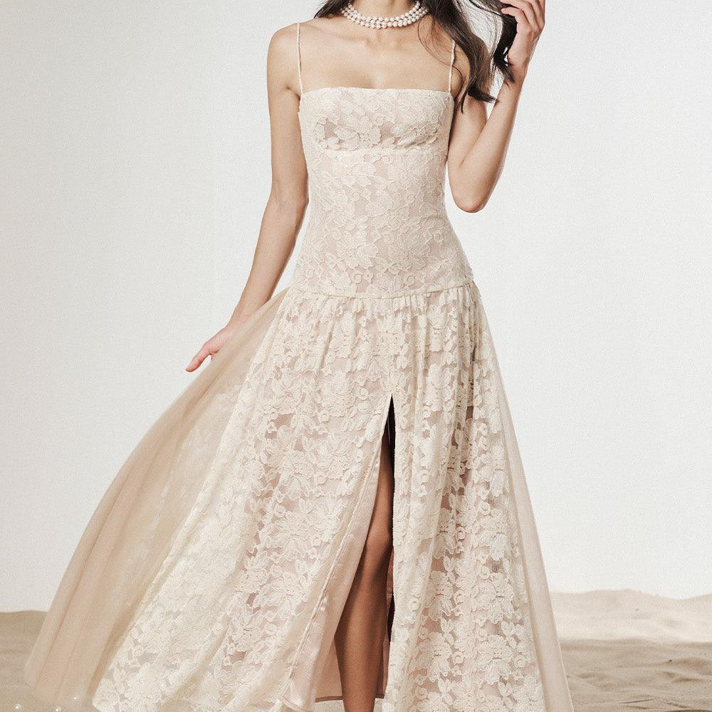 Cinderella Drop Waist Spaghetti Strap Mesh Lace Maxi Dress - MEAN BLVD