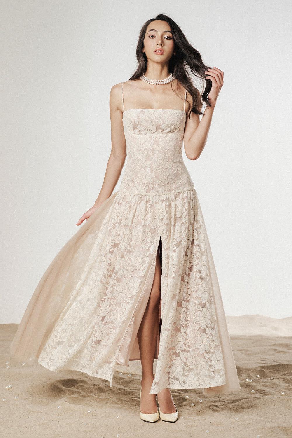 Cinderella Drop Waist Spaghetti Strap Mesh Lace Maxi Dress - Beige / S Cinderella Drop Waist Spaghetti Strap Mesh Lace Maxi Dress - Beige / S